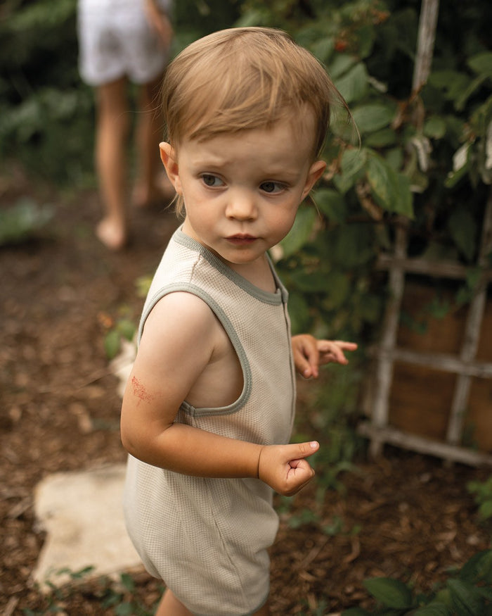 Beige Waffle Playsuit with Contrast Green image 4