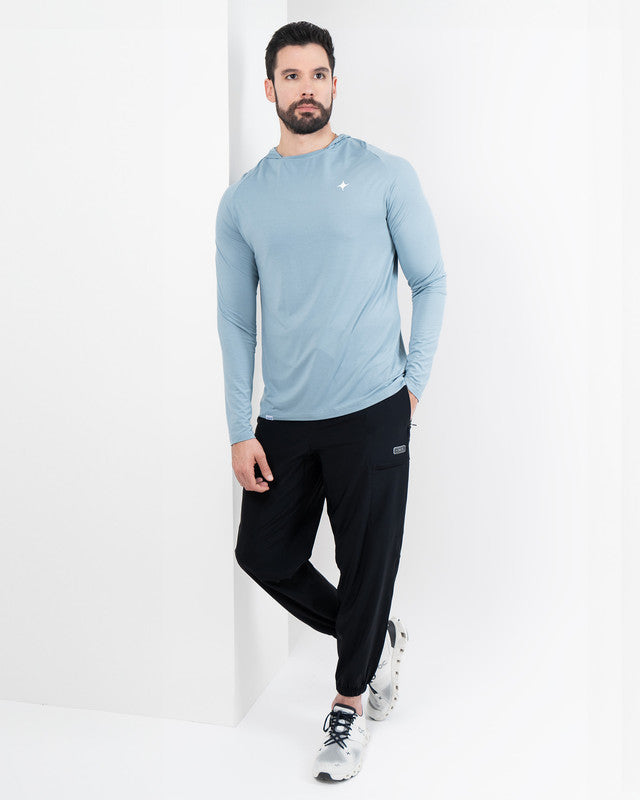 Playera con gorro Performance MAJA® Bamboo, Azul acero, detalle, fit Relajado, Bamboo, con Tela estiramiento 4 vías, uso versátil