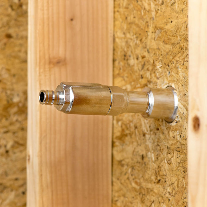 A three-fourths inch PEX expansion inlet connected to the backend of a Aquor house hydrant.
