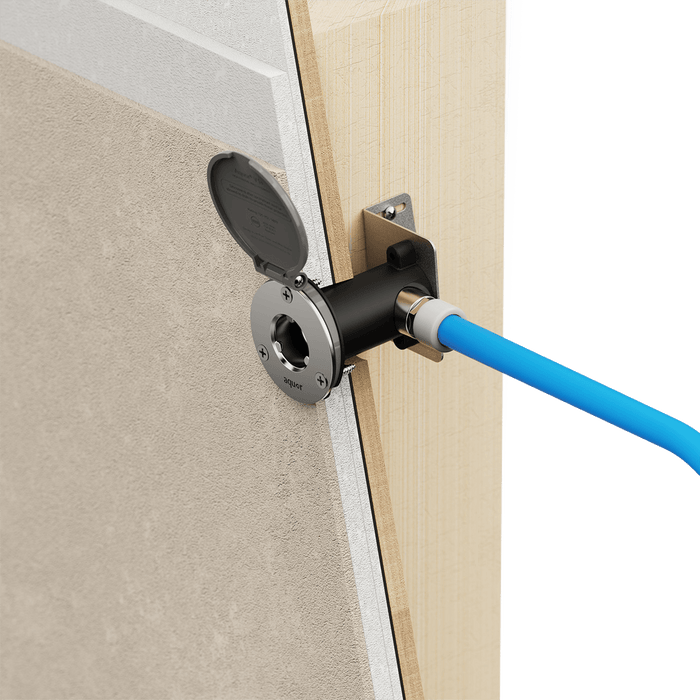 A render displaying the proper install of the bracket mounting sleeve v1+ with a house hydrant v1+.