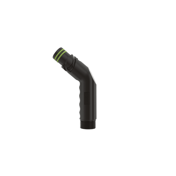 A product shot of the jet black angled hose connector.|42444149555450