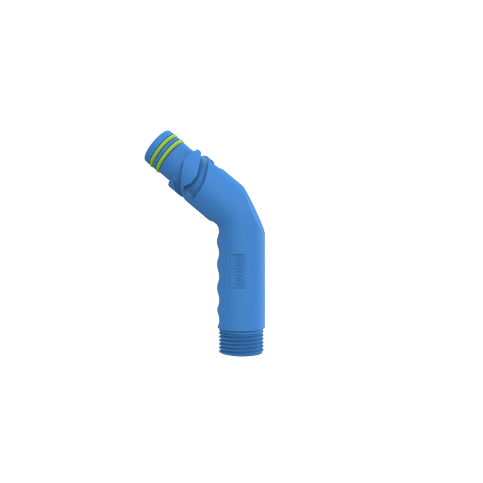A product shot of the Aquor blue angled hose connector.|42444149522682