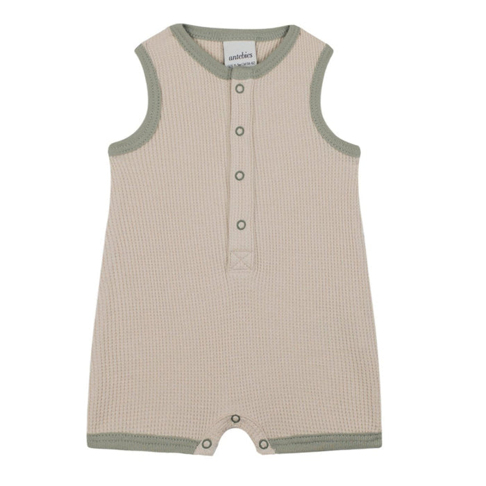 Beige Waffle Playsuit with Contrast Green image 0