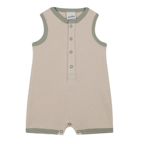 Beige Waffle Playsuit with Contrast Green image 0