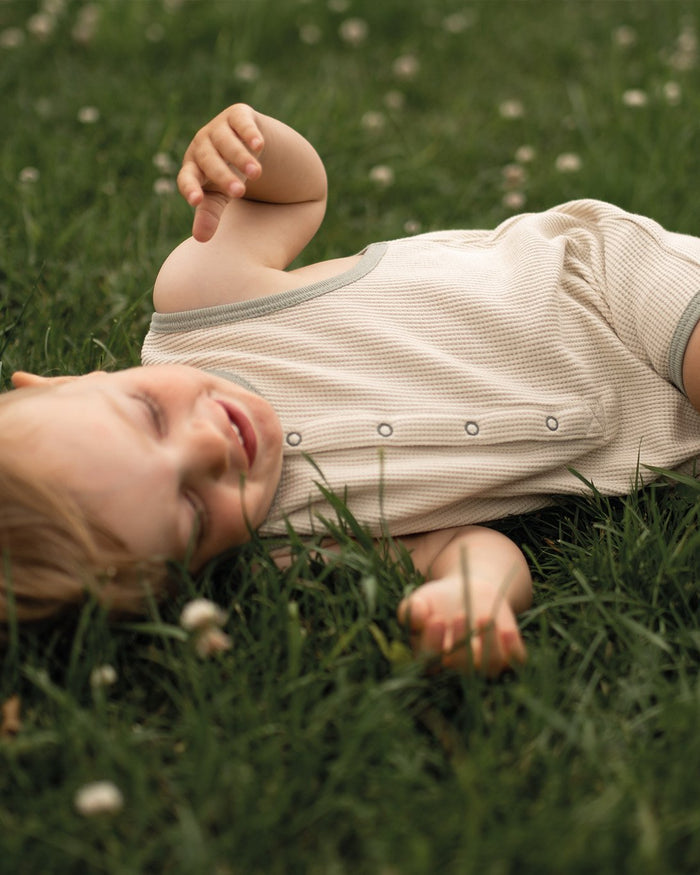 Beige Waffle Playsuit with Contrast Green image 1