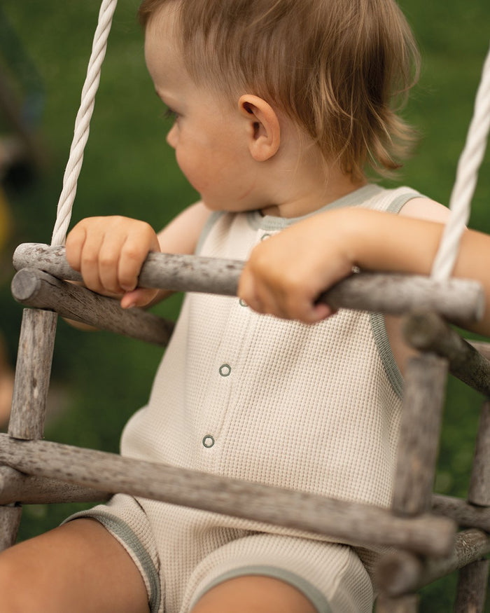 Beige Waffle Playsuit with Contrast Green image 2