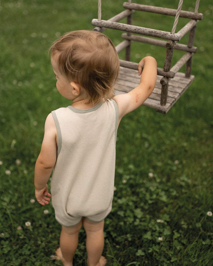 Beige Waffle Playsuit with Contrast Green image 3
