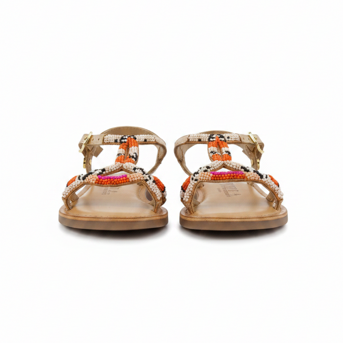 Calapan Girls Leather Sandals With Pink Geometric Embroidery