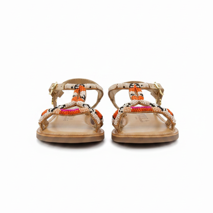 Calapan Girls Leather Sandals With Pink Geometric Embroidery