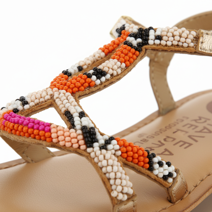 Calapan Girls Leather Sandals With Pink Geometric Embroidery