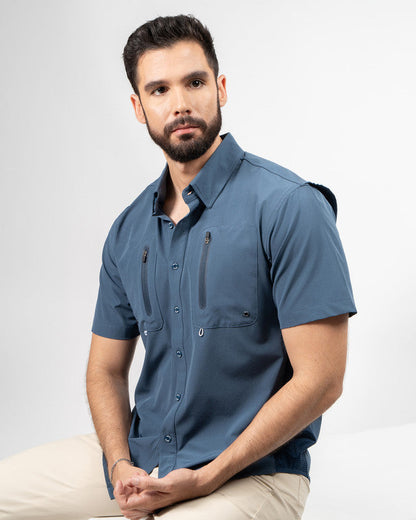 Camisa Bahía, Azul marino, vista frontal, fit Relajado, Poliéster, con Aberturas de ventilación, ideal para oficina