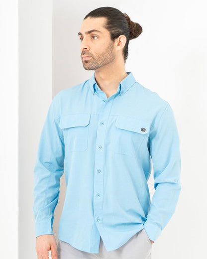 Camisa Pescadero, Azul cielo, vista frontal, fit Relajado, Poliéster, con Tela estiramiento 4 vías, ideal para oficina
