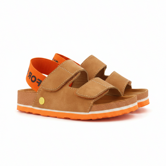 Courgis Boys Tan Footbed Sandals With Orange Details And Text