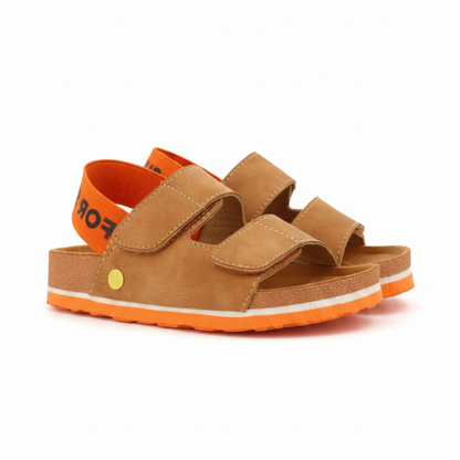 Courgis Boys Tan Footbed Sandals With Orange Details And Text