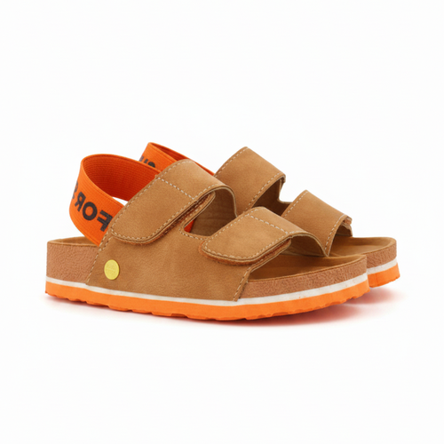 Courgis Boys Tan Footbed Sandals With Orange Details And Text