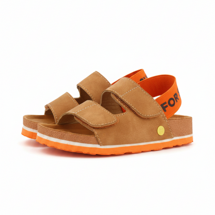 Courgis Boys Tan Footbed Sandals With Orange Details And Text image 0