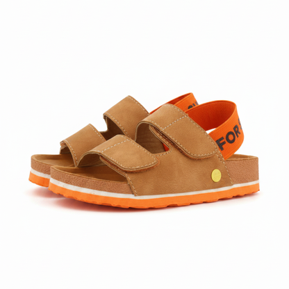 Courgis Boys Tan Footbed Sandals With Orange Details And Text image 0