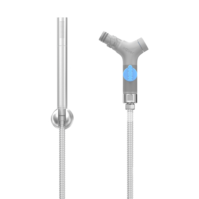 A product shot show how you might use the shower hose adapter to connect to an Aquor hydrant.