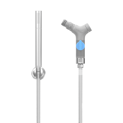 A product shot show how you might use the shower hose adapter to connect to an Aquor hydrant.