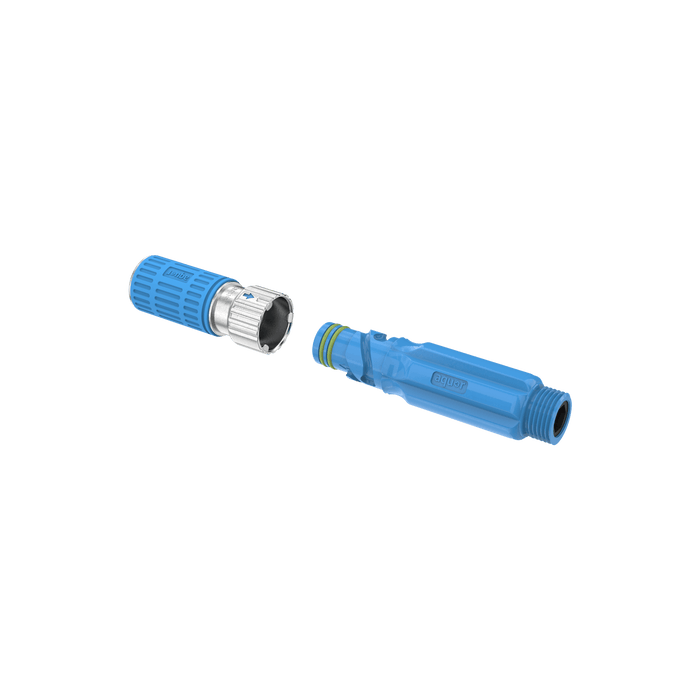 A product shot of the blue hose adapter and straight connector.|42444323553530