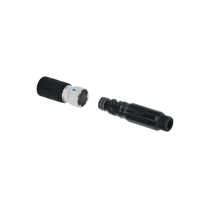 A product shot of the black hose adapter and straight connector.|42444323586298