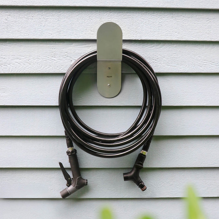 Aquor Ultralight Garden Hose, Utility Spray Nozzle, and Comfort Grip Hose Connector hanging on Stainless Steel Hose Hanger|47243292147962