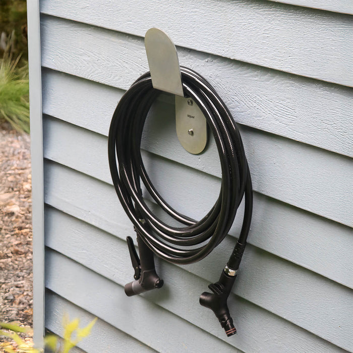 Aquor Ultralight Garden Hose, Utility Spray Nozzle, and Comfort Grip Hose Connector hanging on Stainless Steel Hose Hanger|47243292147962