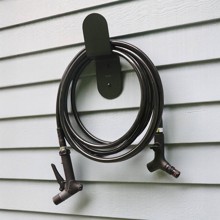 Aquor Ultralight Garden Hose, Utility Spray Nozzle, and Comfort Grip Hose Connector hanging on Matte Black Hose Hanger|47243292180730