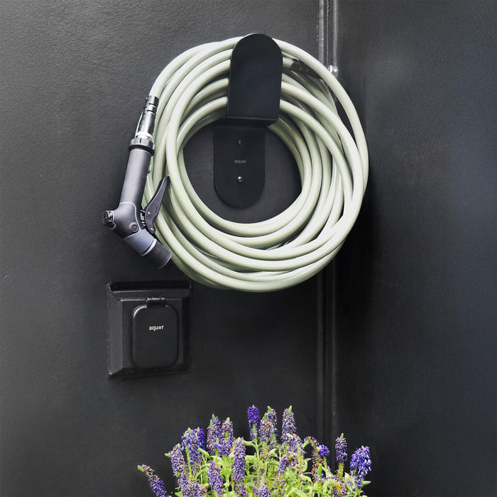 Aquor Ultralight Garden Hose and Utility Spray Nozzle hanging on Matte Black Hose Hanger|47243292180730