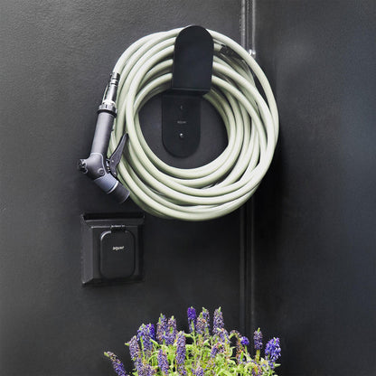 Aquor Ultralight Garden Hose and Utility Spray Nozzle hanging on Matte Black Hose Hanger|47243292180730