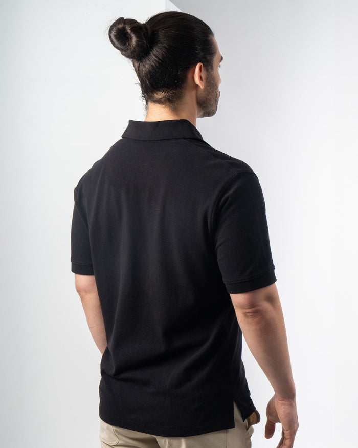 Polo Pique, Negro, vista posterior, fit Regular, Algodón, con Tela estiramiento 4 vías, uso versátil