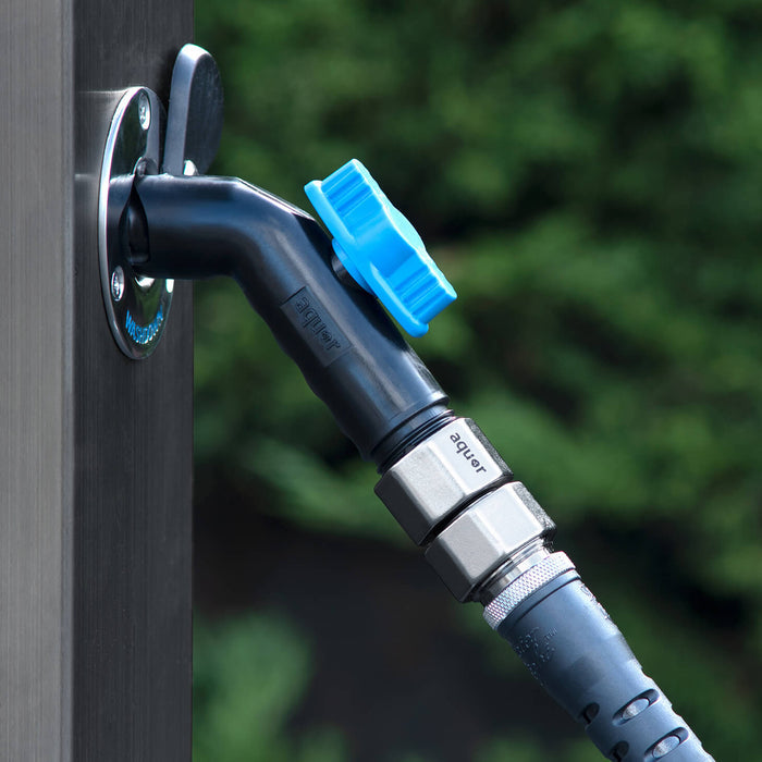 A jet black removable faucet hose connector plugged into a marine deckwash.|42444252578042