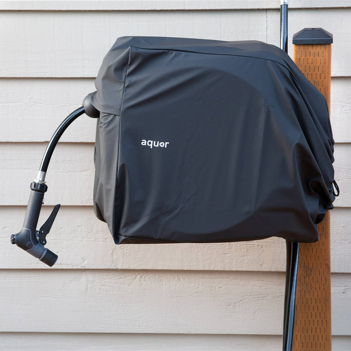 Aquor Retractable Hose Reel Cover in Jet Black on a Charcoal Hose Reel installed with a House Hydrant V1+|47262152098042