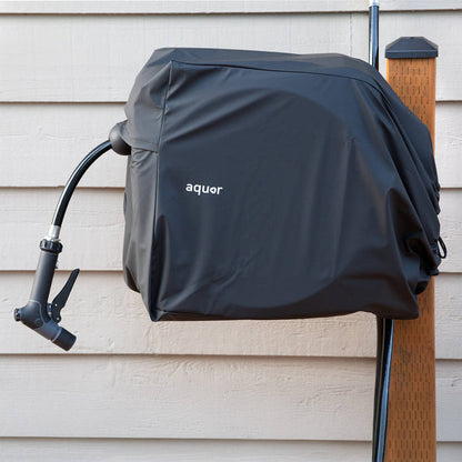 Aquor Retractable Hose Reel Cover in Jet Black on a Charcoal Hose Reel installed with a House Hydrant V1+|47262152098042