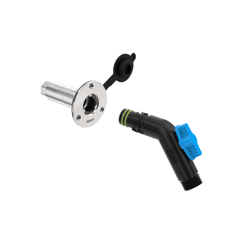 A side angled product shot of the RV City Water Inlet and the removable faucet hose connector