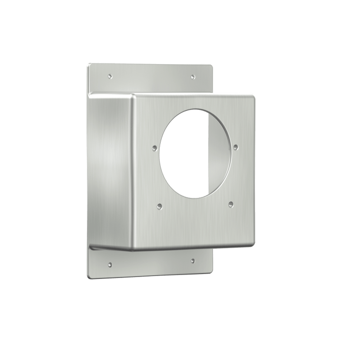 A product shot of the stainless steel 3" mounting box for the Hot+Cold Hydrant.