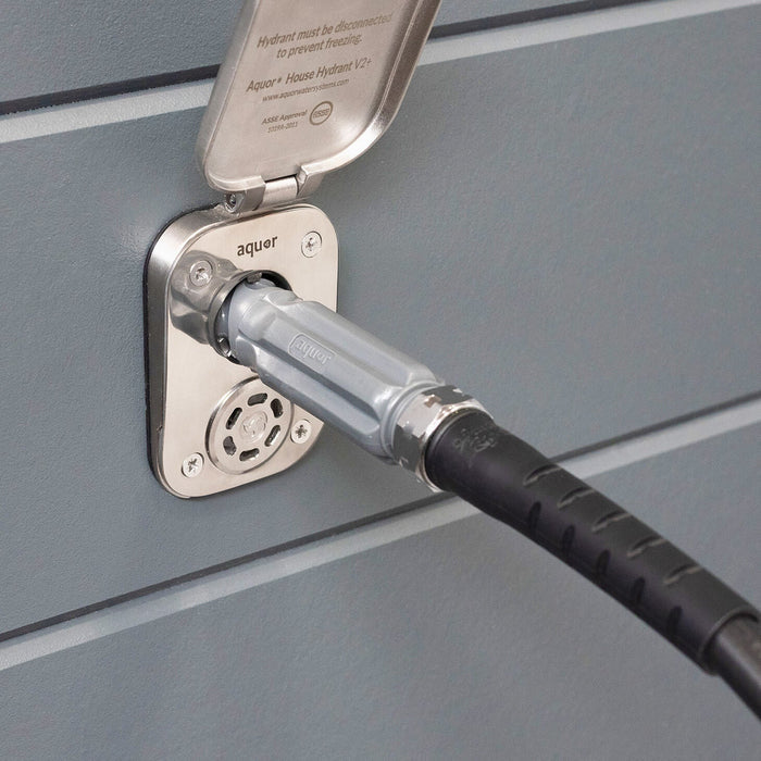 Slate gray straight hose connector connected to brushed stainless house hydrant v2+.|42443927617786