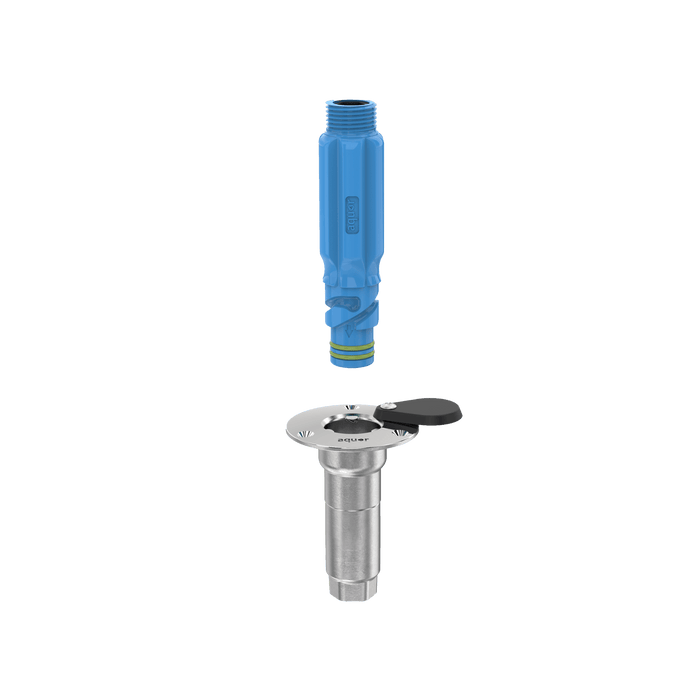 A side angled product shot of the universal hydrant and the straight hose connector.