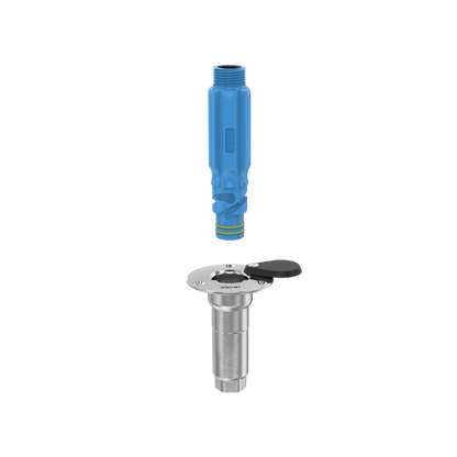A side angled product shot of the universal hydrant and the straight hose connector.