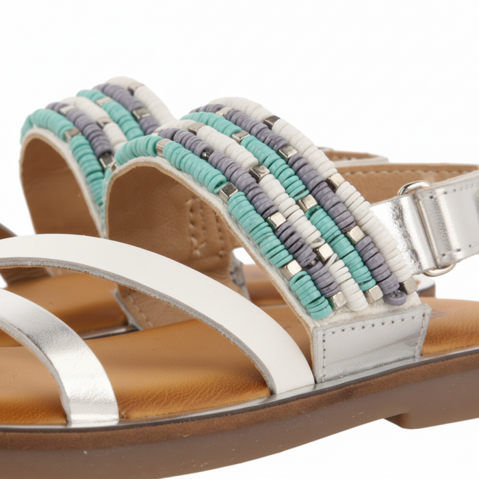 White Leather Sandals With Blue Stone Details For Girls Boquira