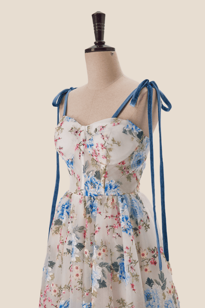 Blue Floral Tea Length A-line Party Dress
